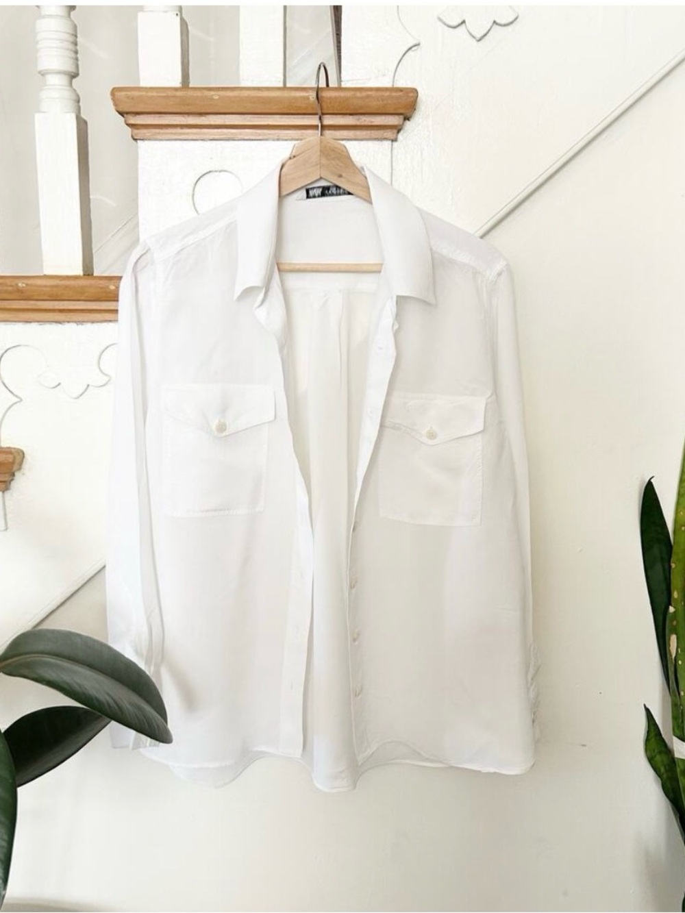Zara White Button-Up Pocket Blouse